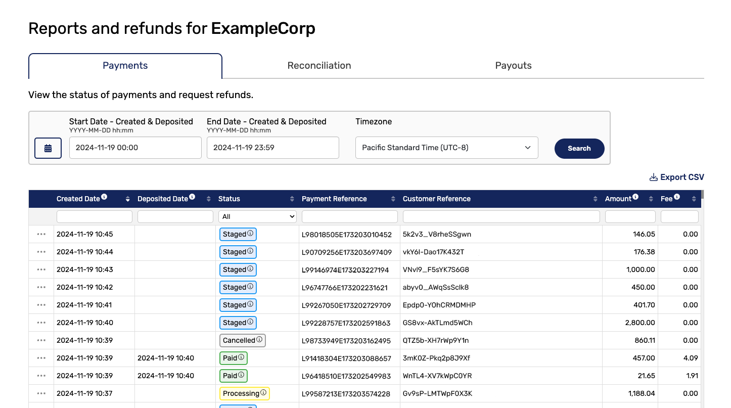 PSI Partner Portal - payments report page